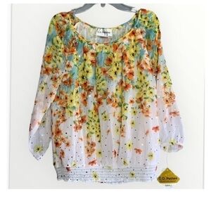 C.D. Petites Pastel Floral With Sequins Chiffon Shirred Top 3/4 Sleeves Sm NWT